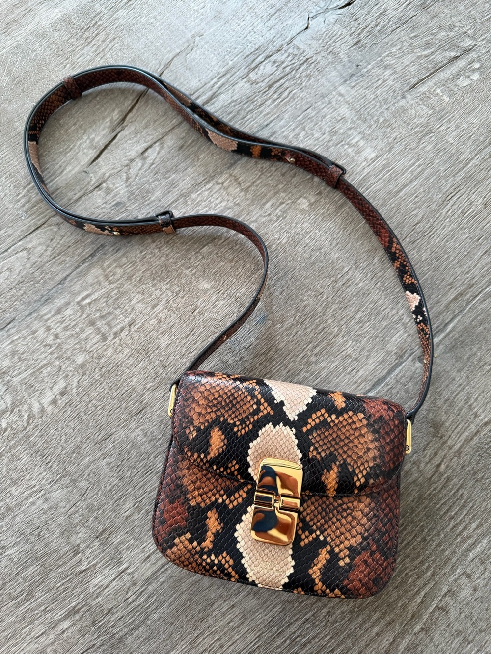 A.P.C. Brown Snake-Print Crossbody Bag with Gold Hardware